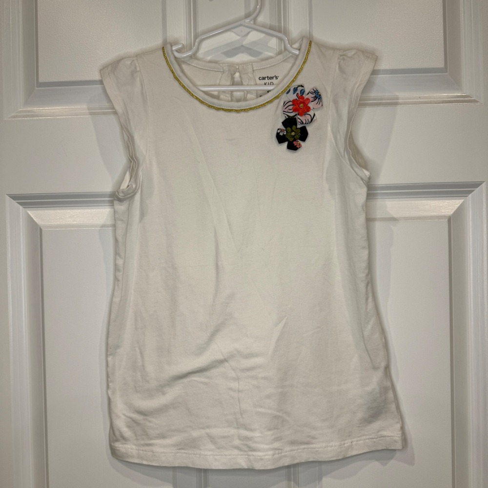 Carters Kid Girls White Short Sleeve Top Gold Trim Floral Applique Size 8